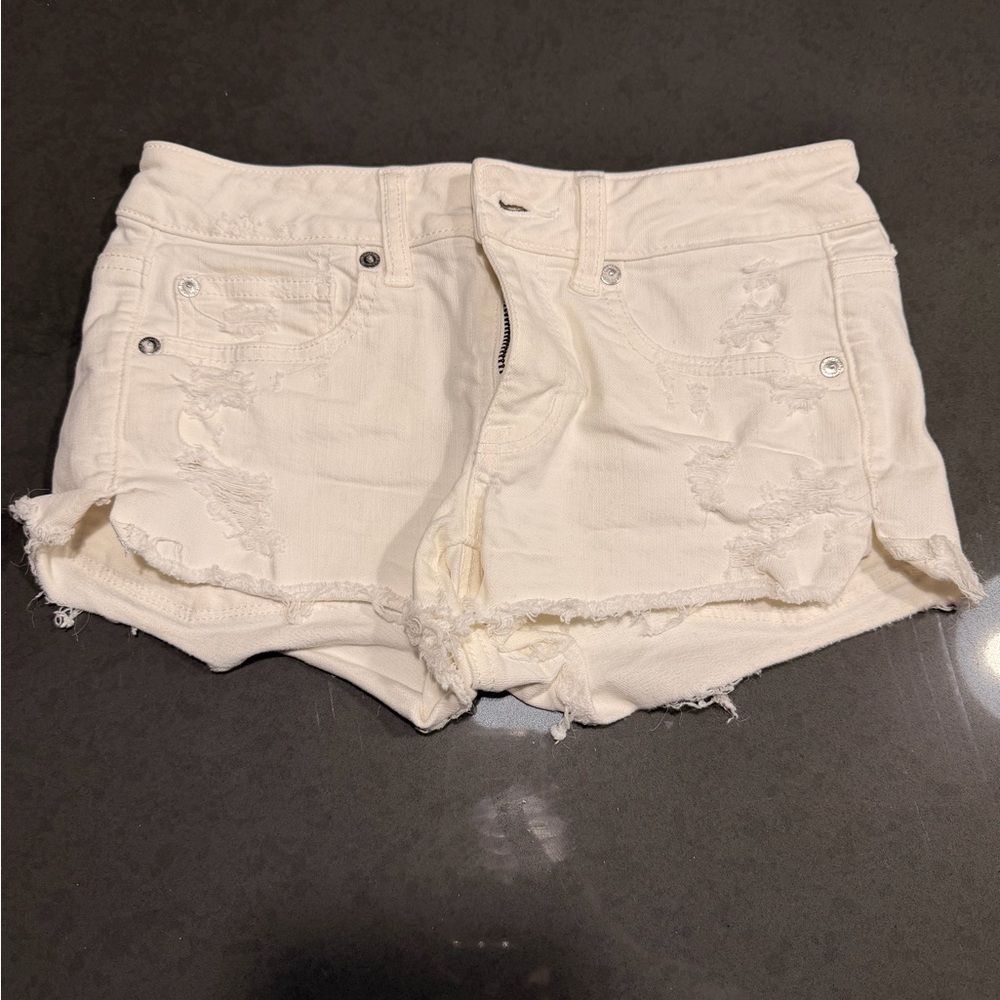 American Eagle Outfitters Cream Distressed Jean Shorts